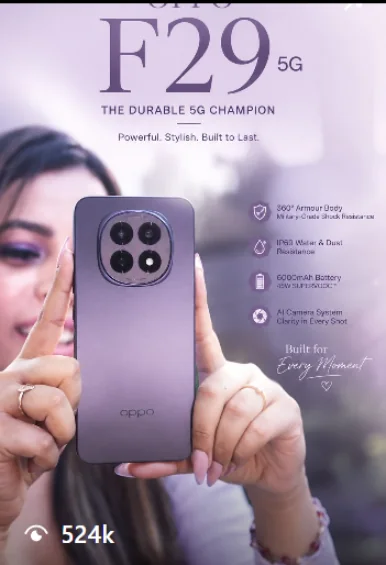 Instagram Reel by creator @arnicadqueen for the OPPO F29 5G launch, showing 524K views